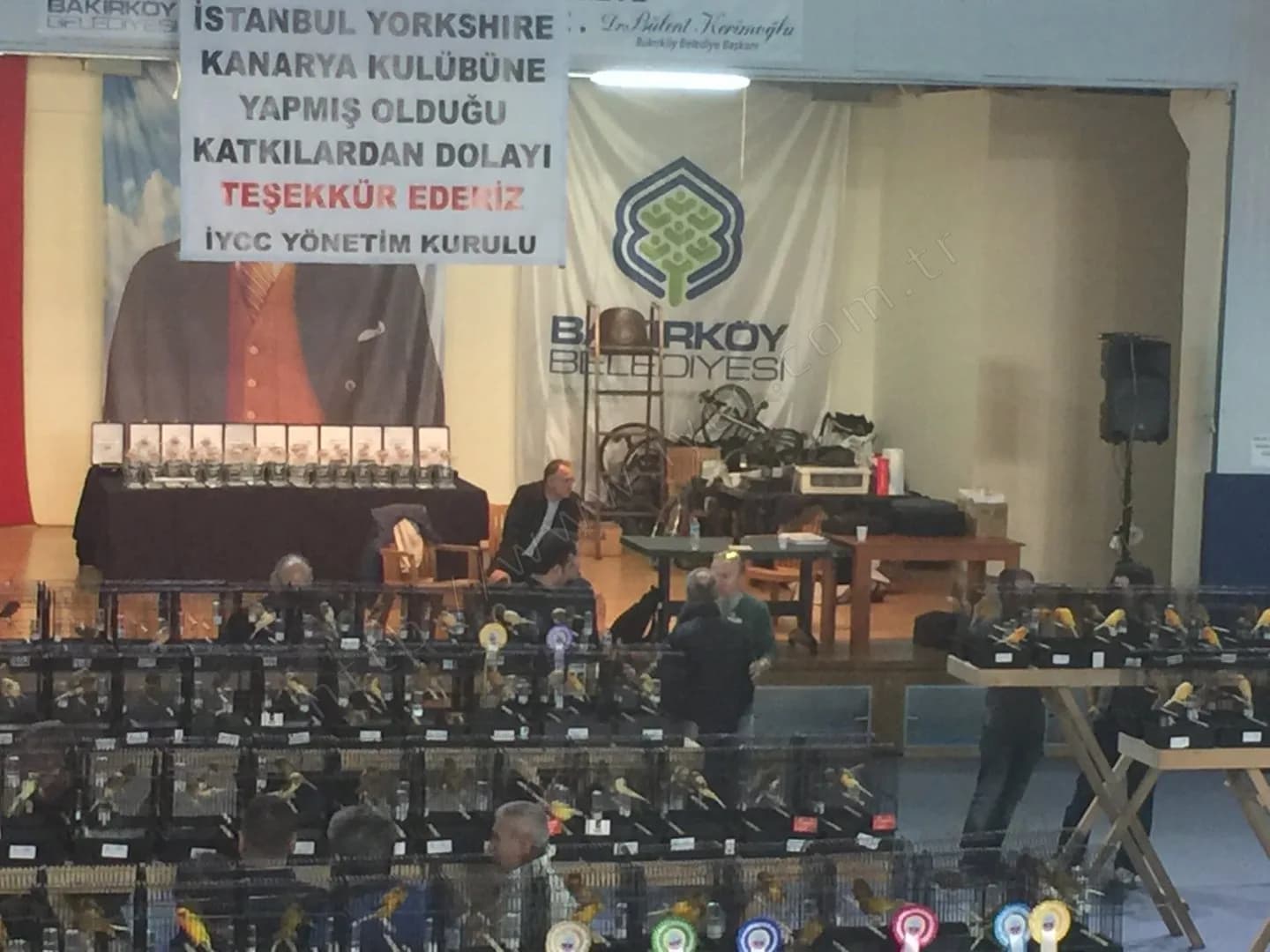 IYCC 2017 yarışmasında teşekkür pankartının altında kupaların dizildiği sahne, önde rozetli show kafesleri