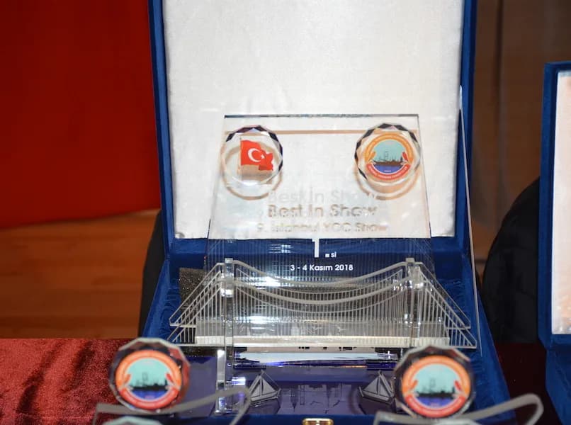 Crystal trophy with a bridge figure in a blue velvet box, engraved Best in Show, 9th Istanbul YCC Show, 3-4 November 2018