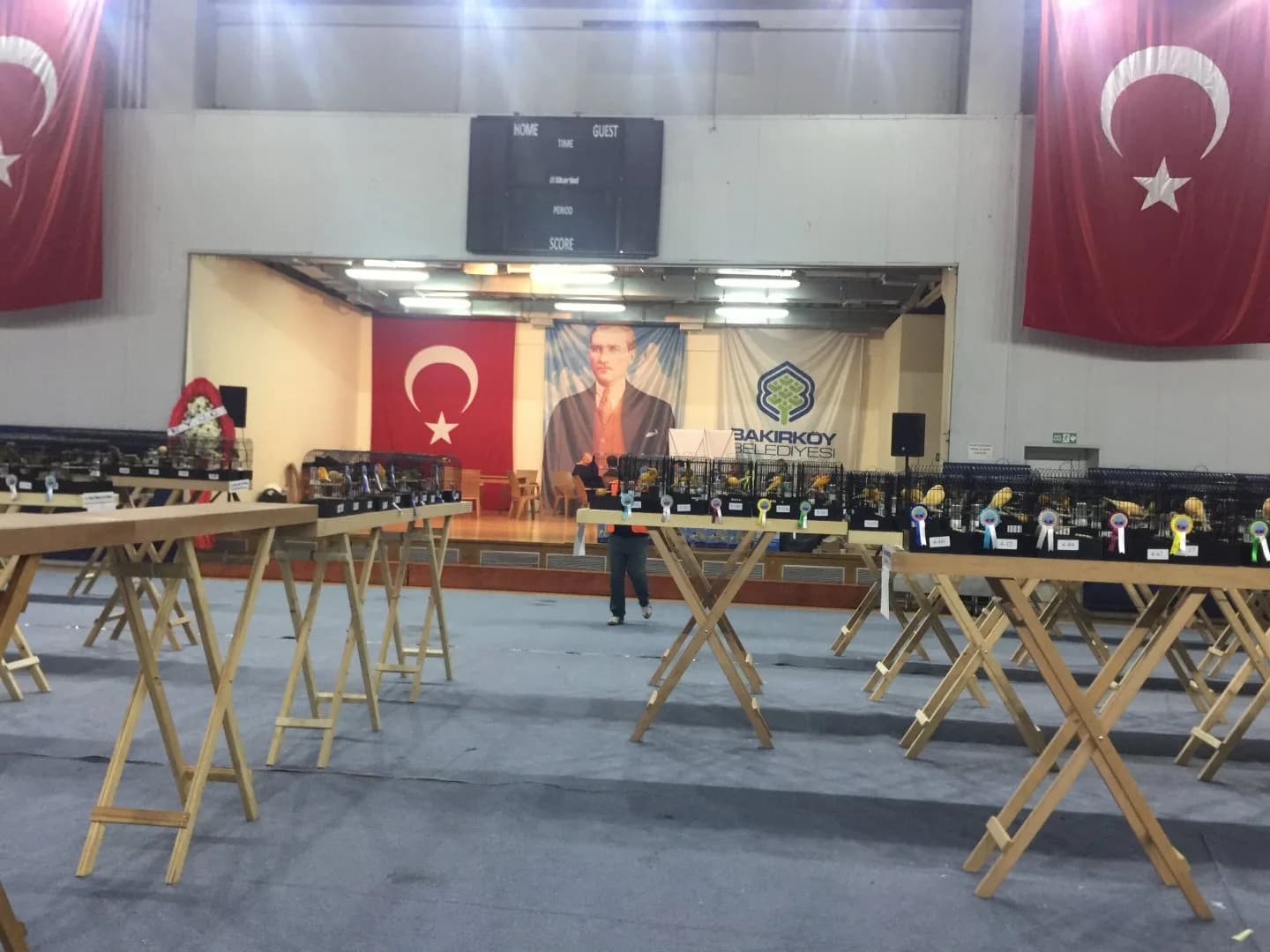 Two Turkish flags and a scoreboard at the stage end of the hall, a steward walking between rosetted cage rows.